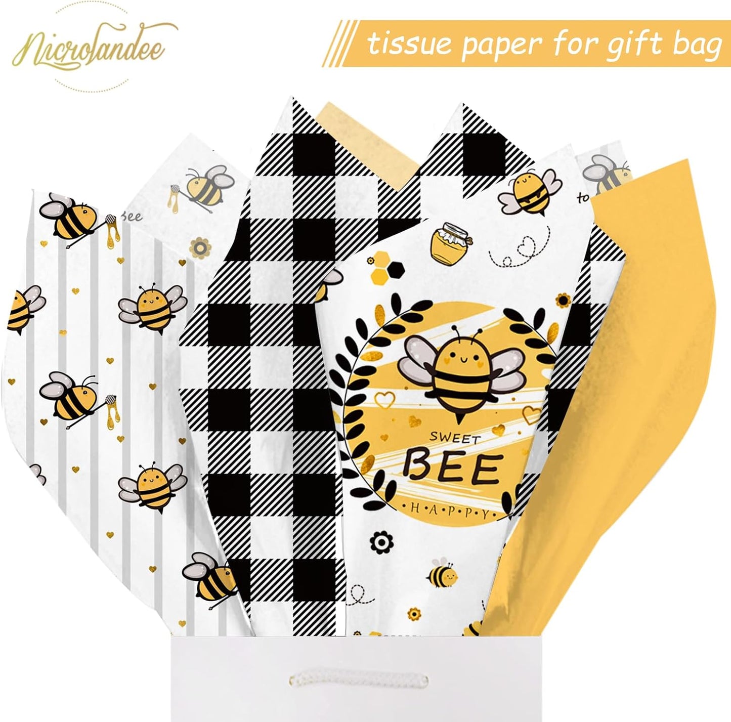 Bee Party Supplies - 24 Sheets Tissue Paper, Yellow Black Honey Bee Wrapping Tissue Paper for Birthday Baby Shower Gender Reveal Party Decoration