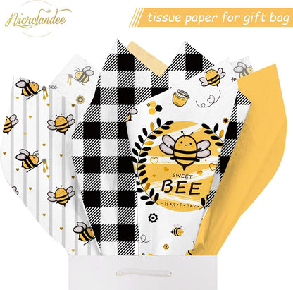 Bee Party Supplies - 24 Sheets Tissue Paper, Yellow Black Honey Bee Wrapping Tissue Paper for Birthday Baby Shower Gender Reveal Party Decoration
