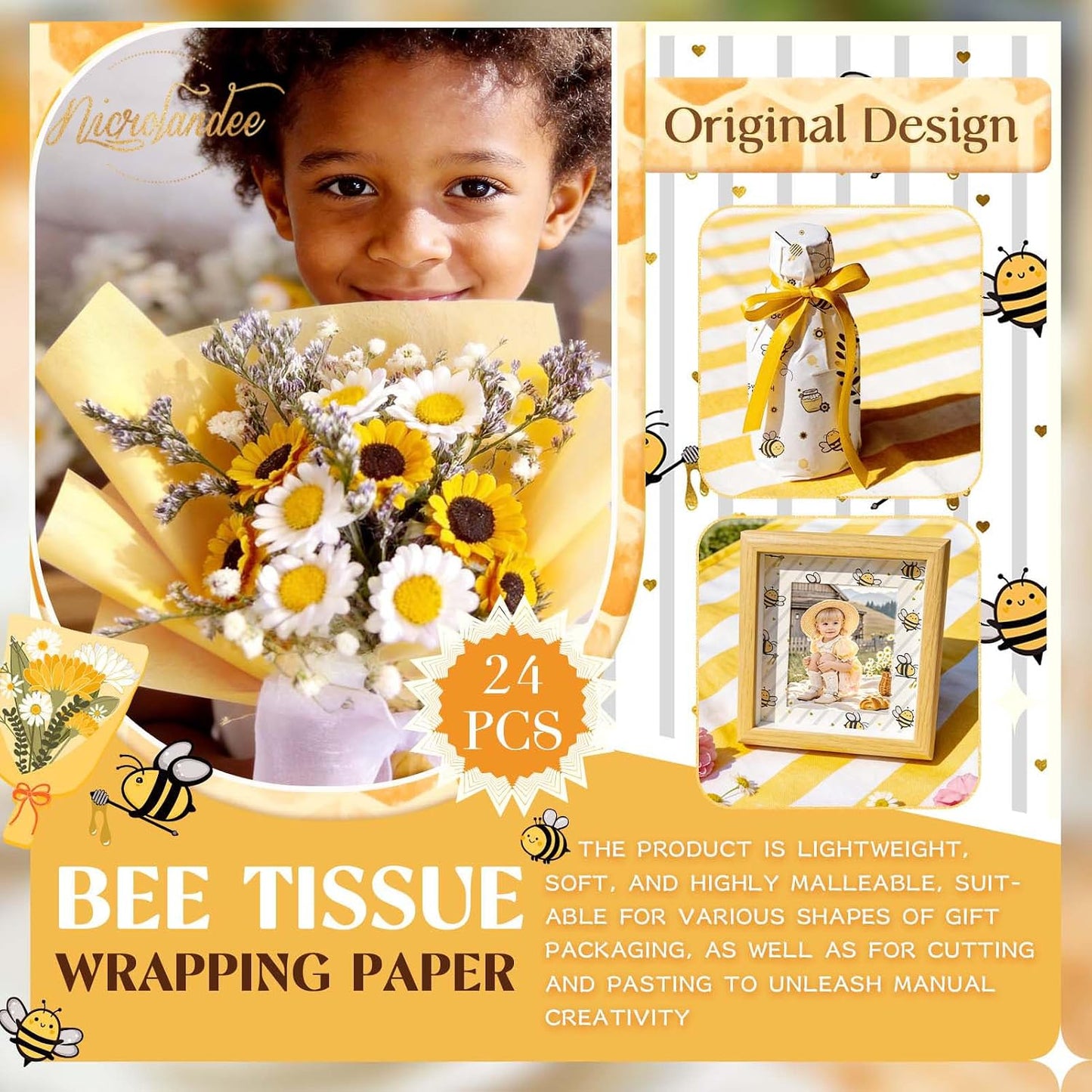 Bee Party Supplies - 24 Sheets Tissue Paper, Yellow Black Honey Bee Wrapping Tissue Paper for Birthday Baby Shower Gender Reveal Party Decoration