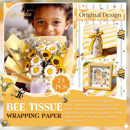 Bee Party Supplies - 24 Sheets Tissue Paper, Yellow Black Honey Bee Wrapping Tissue Paper for Birthday Baby Shower Gender Reveal Party Decoration