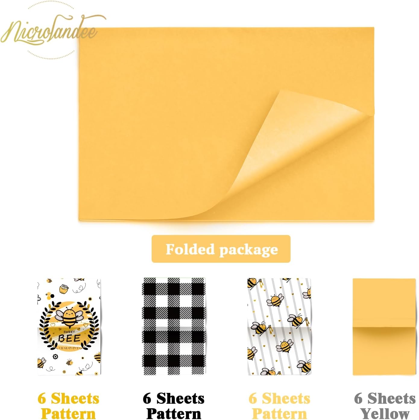 Bee Party Supplies - 24 Sheets Tissue Paper, Yellow Black Honey Bee Wrapping Tissue Paper for Birthday Baby Shower Gender Reveal Party Decoration