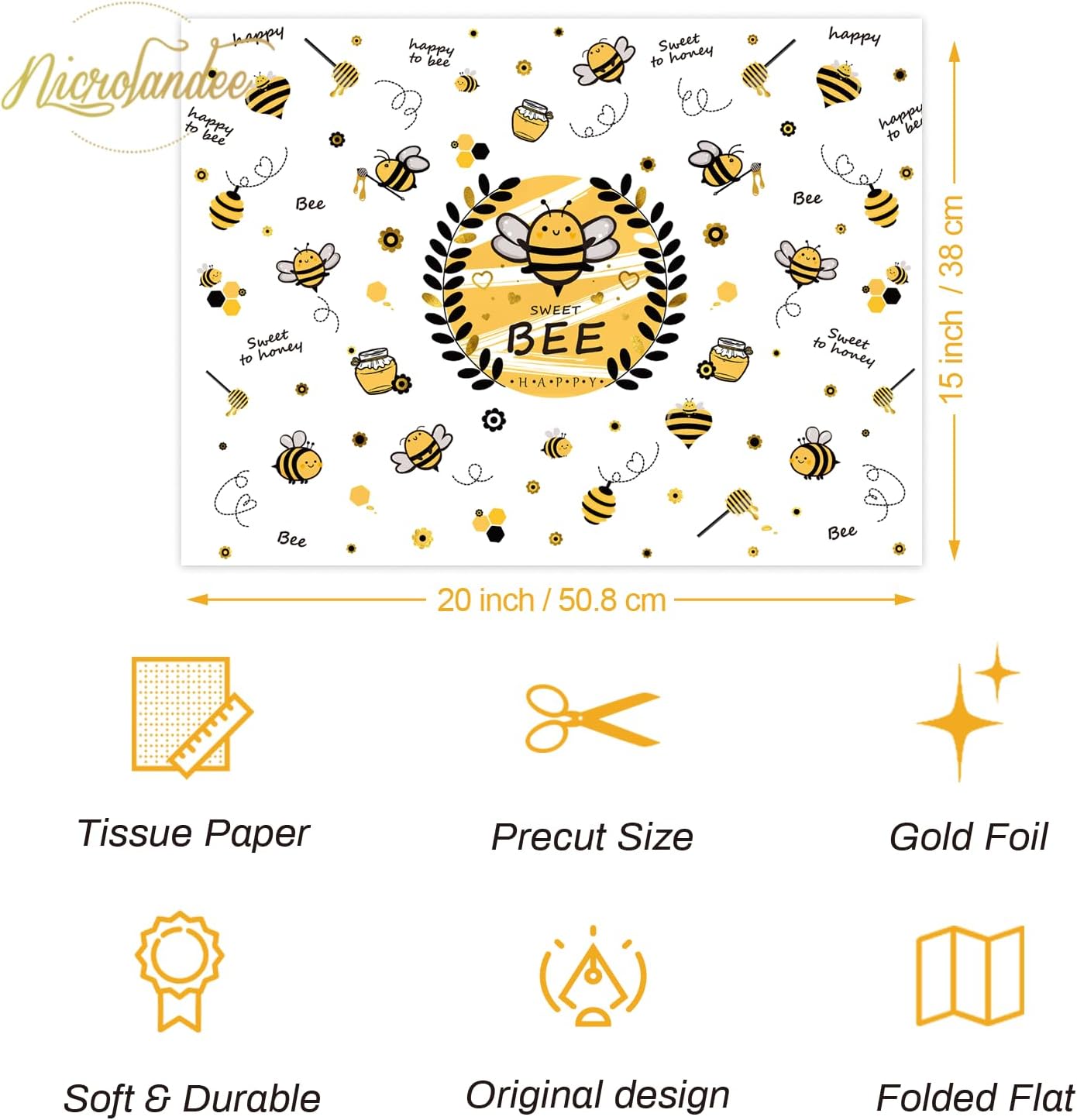 Bee Party Supplies - 24 Sheets Tissue Paper, Yellow Black Honey Bee Wrapping Tissue Paper for Birthday Baby Shower Gender Reveal Party Decoration