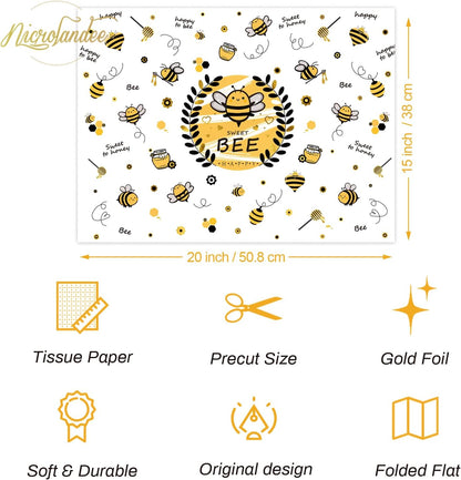 Bee Party Supplies - 24 Sheets Tissue Paper, Yellow Black Honey Bee Wrapping Tissue Paper for Birthday Baby Shower Gender Reveal Party Decoration