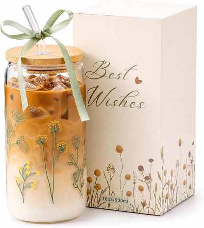 Lemon Glass Cups with Lid and Straw, Cute Lemon Gift for Women | Iced Coffee Tumbler Mug for Birthday Bridal Shower Wedding Summer Party Gift for Women Mom Friends Teen Girls Stuff 16oz
