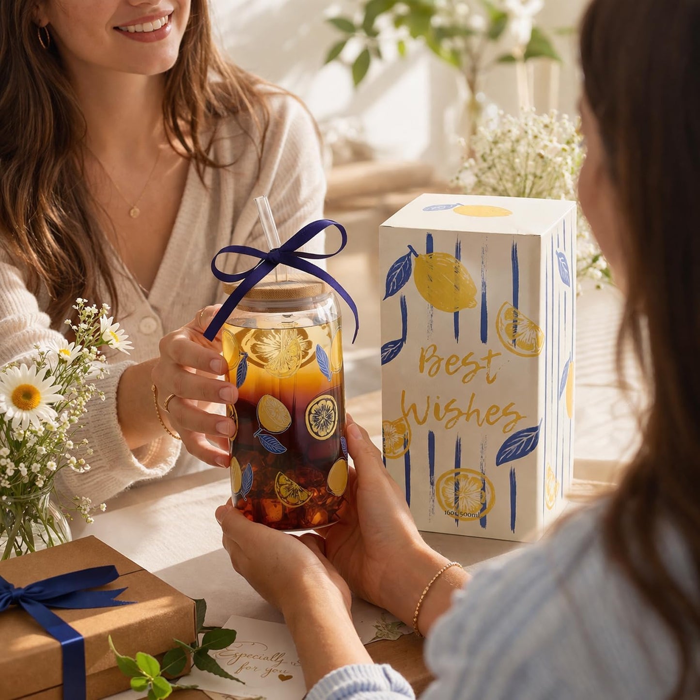 Lemon Glass Cups with Lid and Straw, Cute Lemon Gift for Women | Iced Coffee Tumbler Mug for Birthday Bridal Shower Wedding Summer Party Gift for Women Mom Friends Teen Girls Stuff 16oz