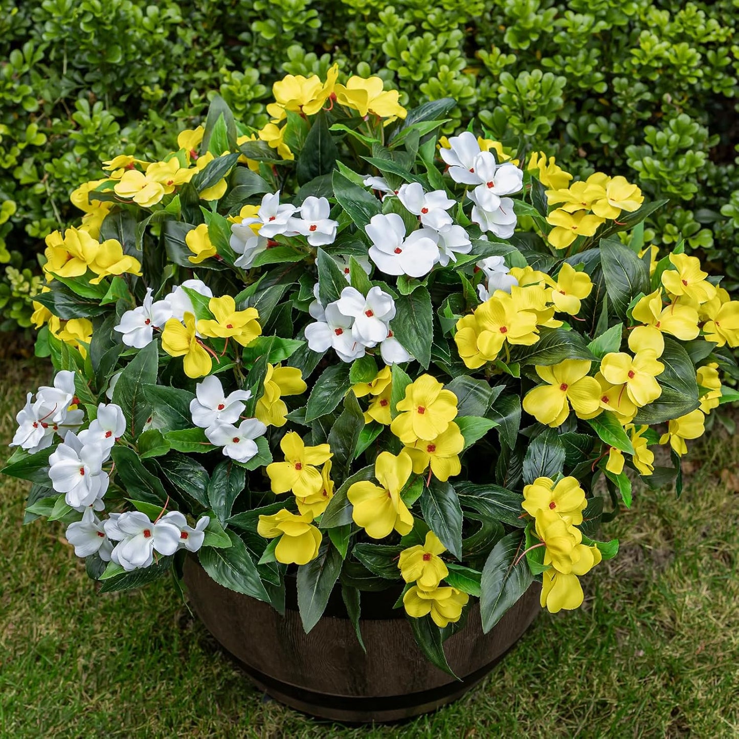 Artificial Fake Flowers for Outdoor Décor 6 Bundles UV Resistant Fake Plants for Planter Faux Impatiens for Home Porch/Garden Stunning（Yellow/White）