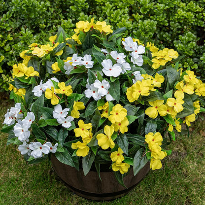 Artificial Fake Flowers for Outdoor Décor 6 Bundles UV Resistant Fake Plants for Planter Faux Impatiens for Home Porch/Garden Stunning（Yellow/White）