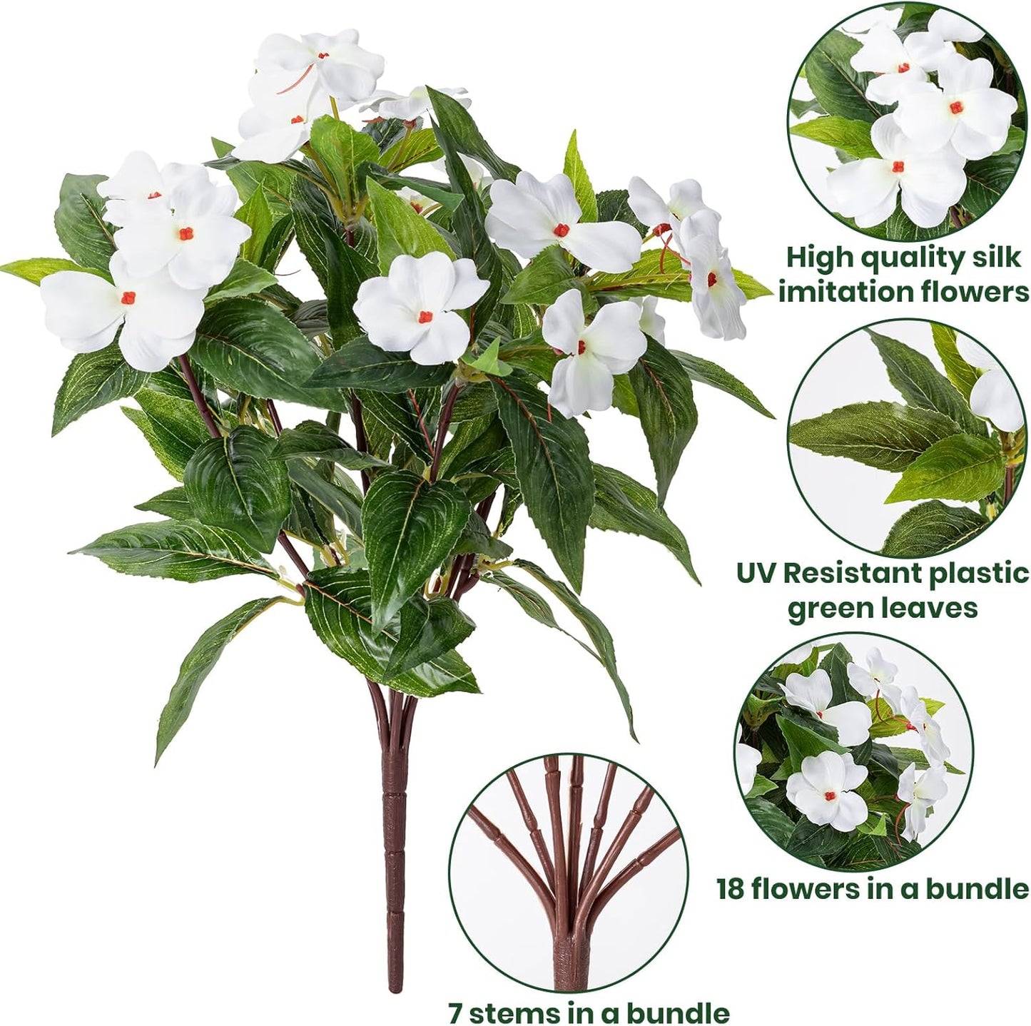Artificial Fake Flowers for Outdoor Décor 6 Bundles UV Resistant Fake Plants for Planter Faux Impatiens for Home Porch/Garden Stunning（Yellow/White）