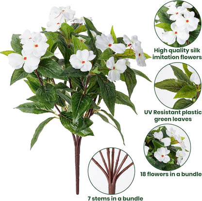 Artificial Fake Flowers for Outdoor Décor 6 Bundles UV Resistant Fake Plants for Planter Faux Impatiens for Home Porch/Garden Stunning（Yellow/White）