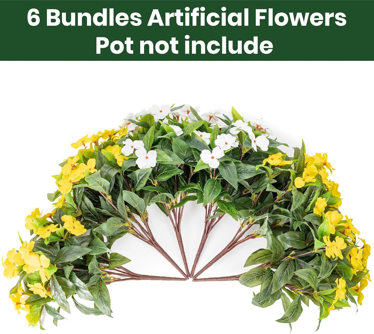 Artificial Fake Flowers for Outdoor Décor 6 Bundles UV Resistant Fake Plants for Planter Faux Impatiens for Home Porch/Garden Stunning（Yellow/White）