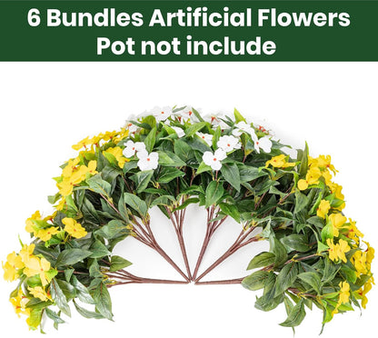 Artificial Fake Flowers for Outdoor Décor 6 Bundles UV Resistant Fake Plants for Planter Faux Impatiens for Home Porch/Garden Stunning（Yellow/White）