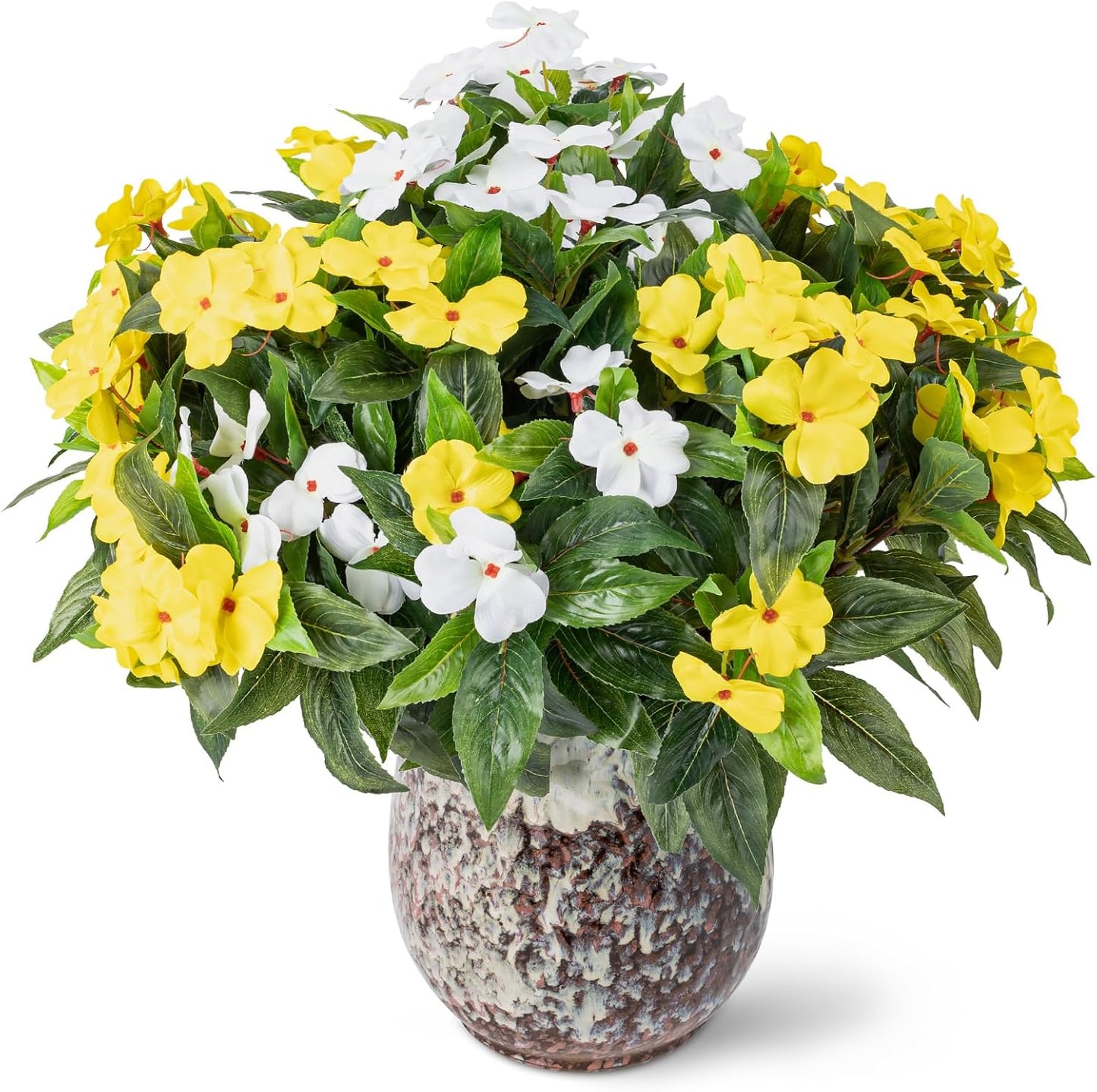Artificial Fake Flowers for Outdoor Décor 6 Bundles UV Resistant Fake Plants for Planter Faux Impatiens for Home Porch/Garden Stunning（Yellow/White）