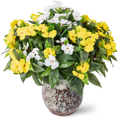 Artificial Fake Flowers for Outdoor Décor 6 Bundles UV Resistant Fake Plants for Planter Faux Impatiens for Home Porch/Garden Stunning（Yellow/White）