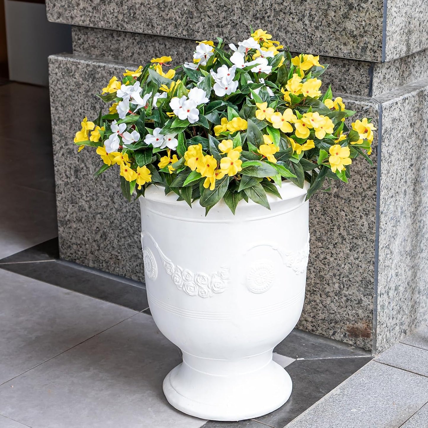 Artificial Fake Flowers for Outdoor Décor 6 Bundles UV Resistant Fake Plants for Planter Faux Impatiens for Home Porch/Garden Stunning（Yellow/White）