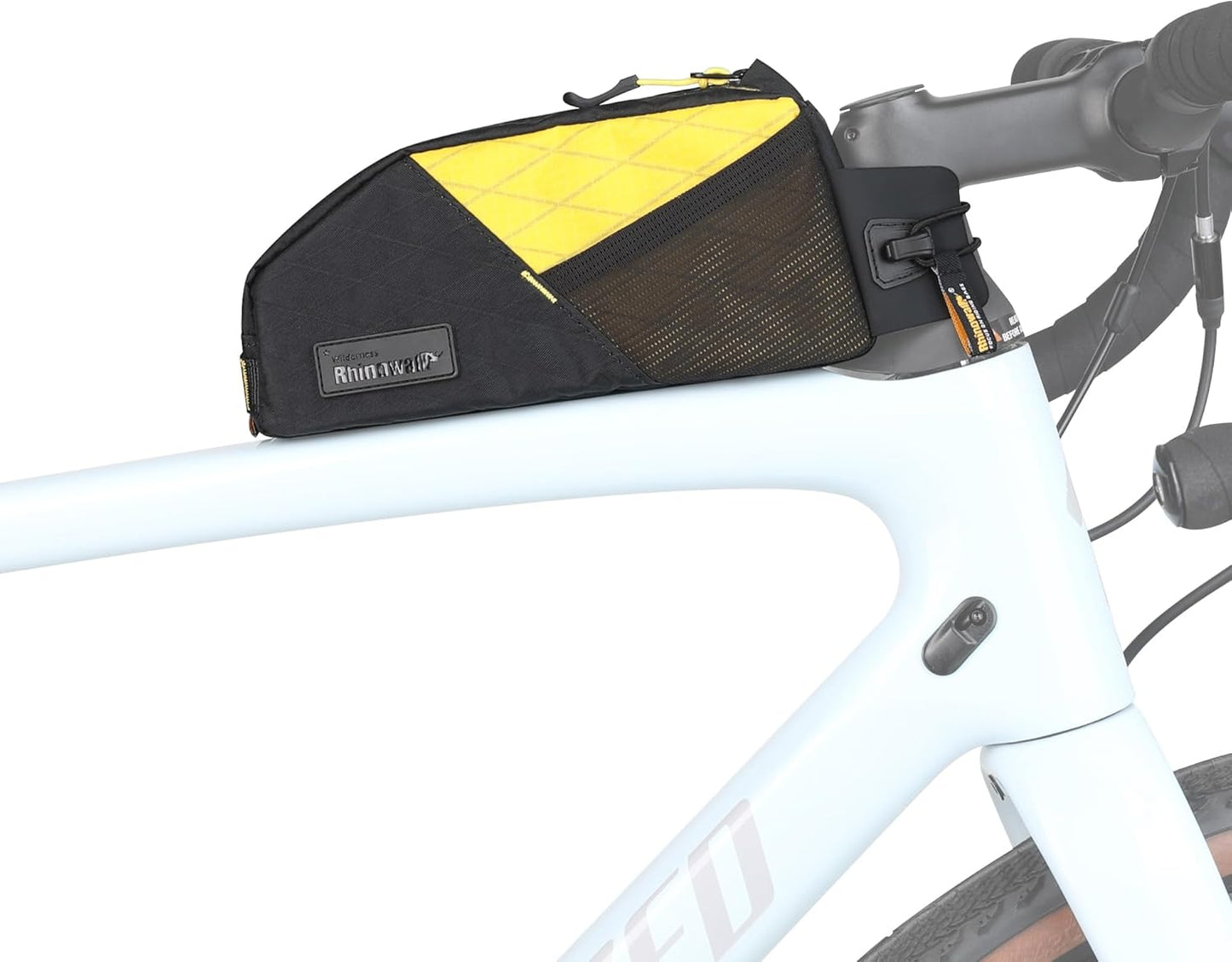 Waterproof Bike Frame Bag 1.2L with Phone Holder – Black+Yellow | Compact phone storage with screw or strap mounting, dual mesh pockets, cable slot and shape-retaining PE support