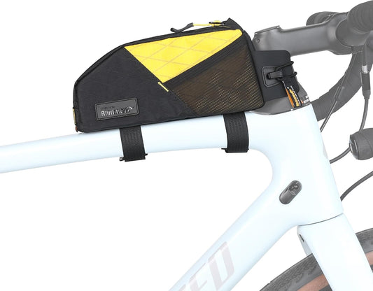 Waterproof Bike Frame Bag 1.2L with Phone Holder – Black+Yellow | Compact phone storage with screw or strap mounting, dual mesh pockets, cable slot and shape-retaining PE support