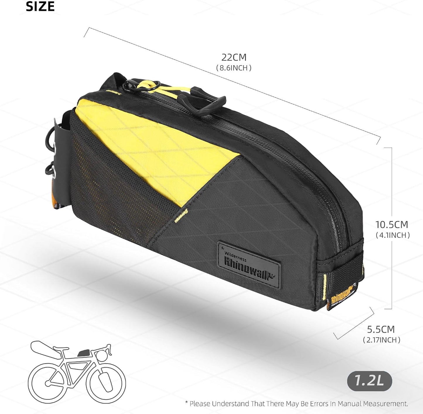 Waterproof Bike Frame Bag 1.2L with Phone Holder – Black+Yellow | Compact phone storage with screw or strap mounting, dual mesh pockets, cable slot and shape-retaining PE support