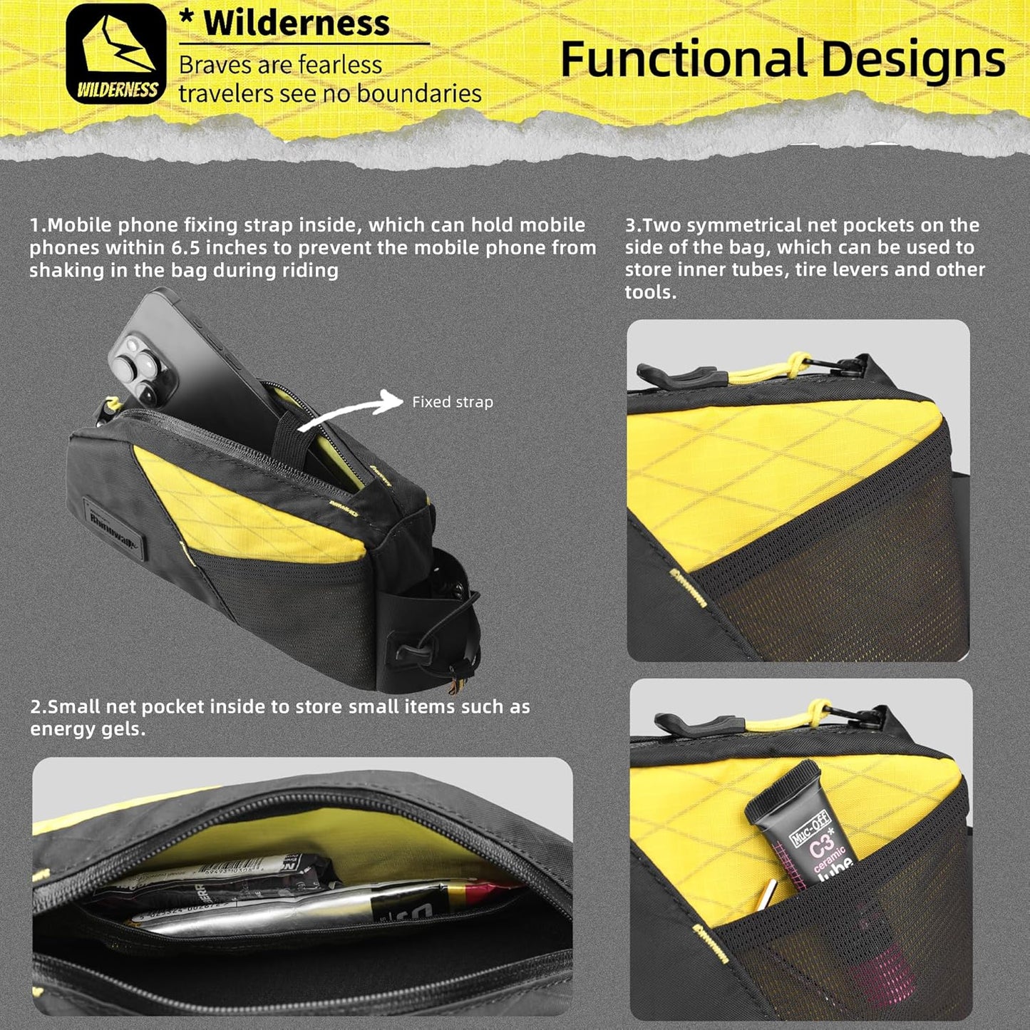 Waterproof Bike Frame Bag 1.2L with Phone Holder – Black+Yellow | Compact phone storage with screw or strap mounting, dual mesh pockets, cable slot and shape-retaining PE support