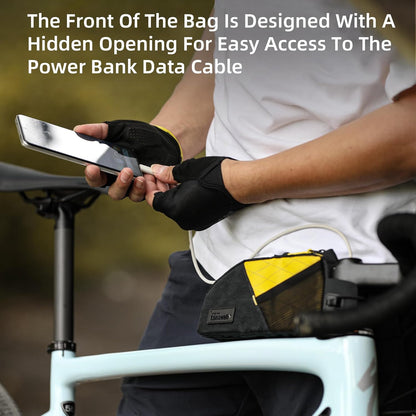 Waterproof Bike Frame Bag 1.2L with Phone Holder – Black+Yellow | Compact phone storage with screw or strap mounting, dual mesh pockets, cable slot and shape-retaining PE support