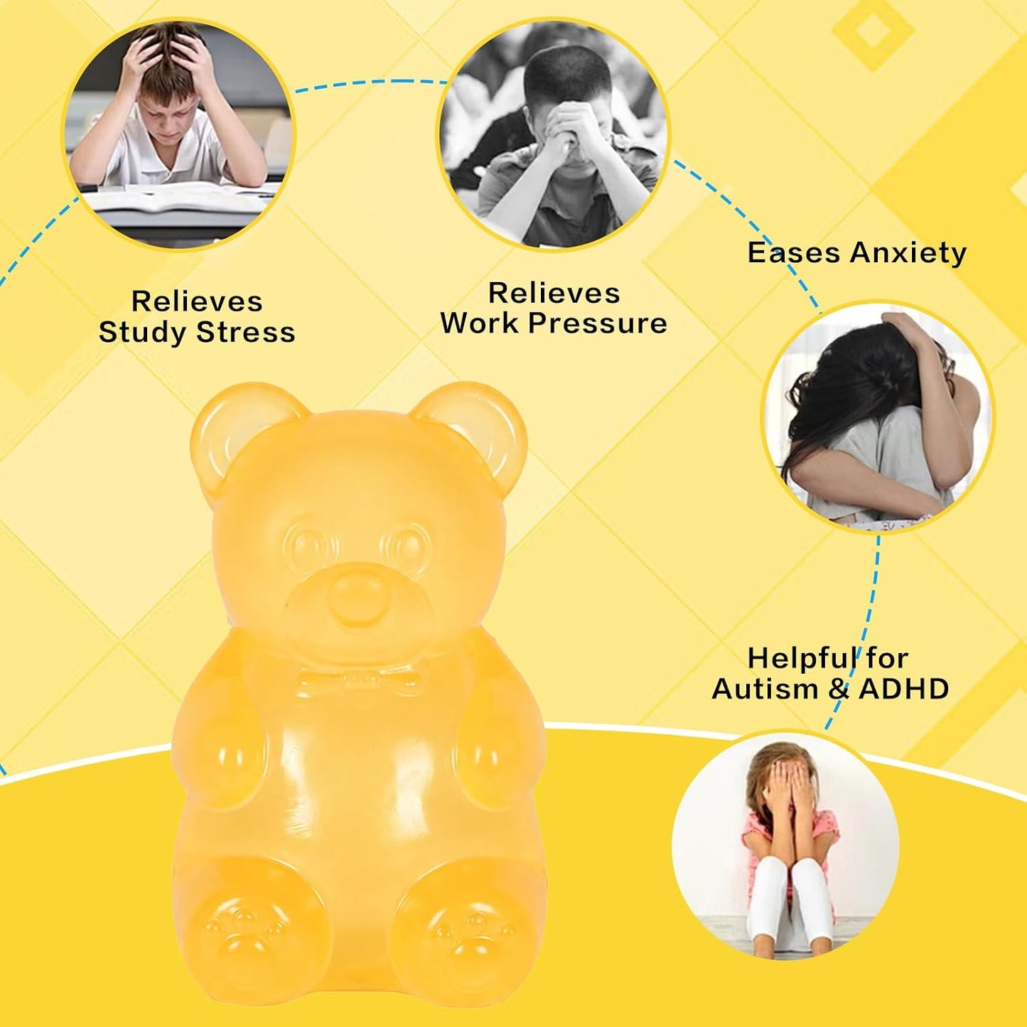 Gummy Bear Squishy Toy for Kids Ages 3+ & Adults, Slow Rising Squeeze Bear, Soft High-Density Handheld Sensory Toy, Cute Party Favor, Classroom Prize & Desk Toy(Yellow)