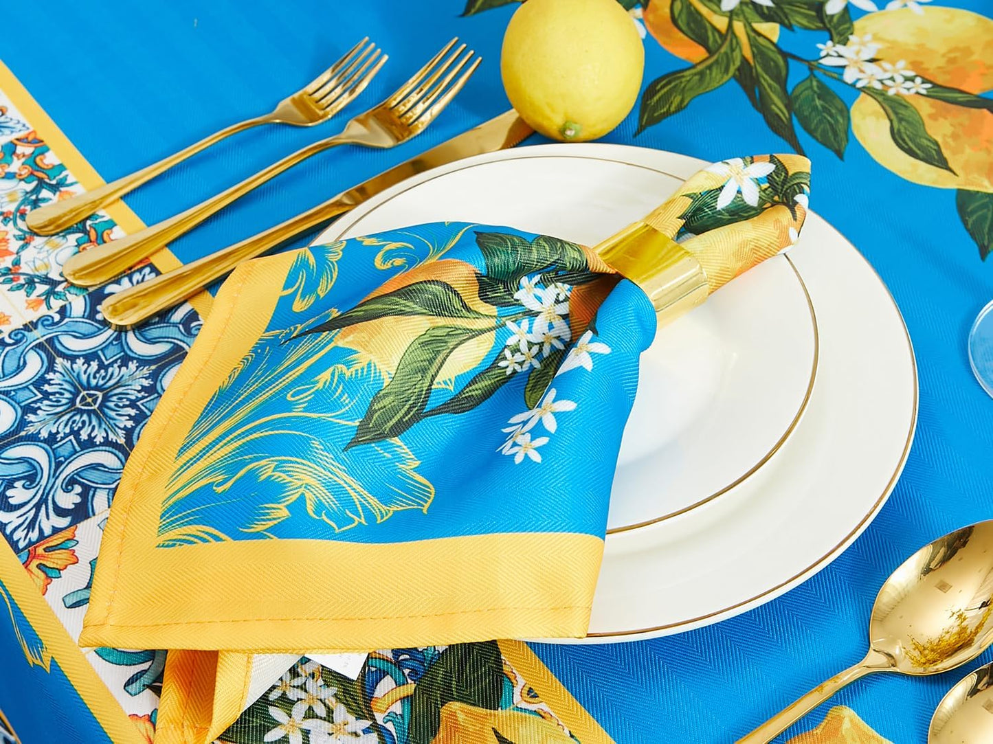 Provence Blue Lemon Mediterranean Tile Tabletop for Spring Summer Decorations, Picnics and Dinner Parties - Indoor Outdoor, Stain and Water Resistant, Napkin Set, 20 x 20
