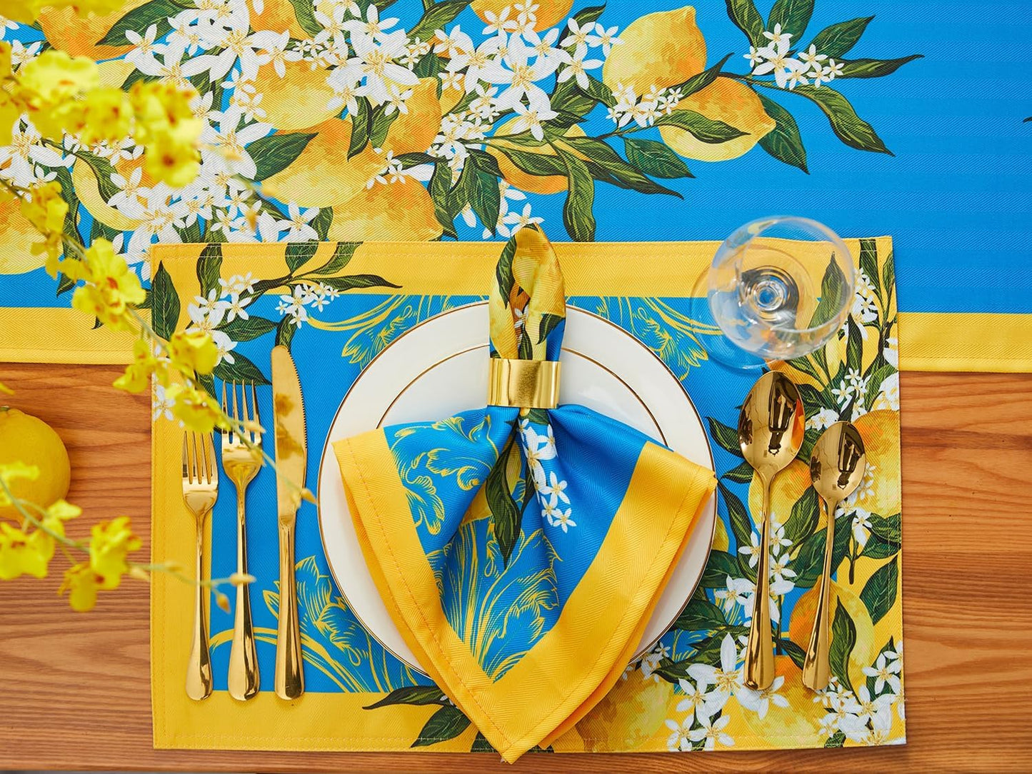 Provence Blue Lemon Mediterranean Tile Tabletop for Spring Summer Decorations, Picnics and Dinner Parties - Indoor Outdoor, Stain and Water Resistant, Napkin Set, 20 x 20
