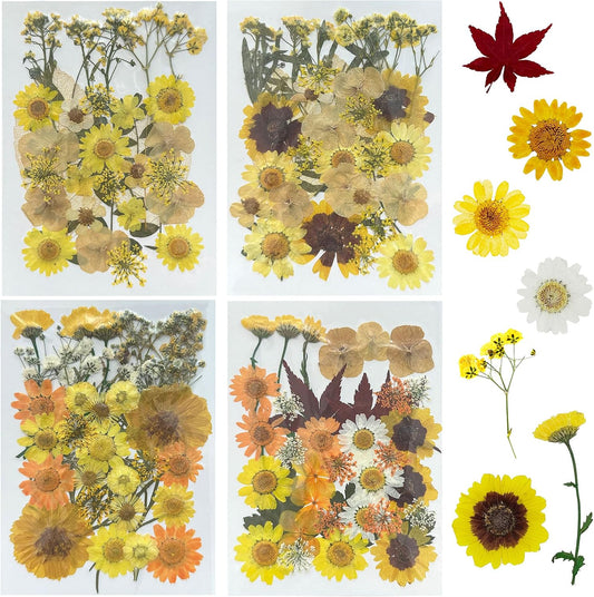 4 Pack Dried Flowers for Resin Molds, 137 Pcs Real Natural Dried Pressed Flowers, Yellow Natural Dried Pressed Leaves for Pressed Leaf Art Craft DIY Embellishment Decorations