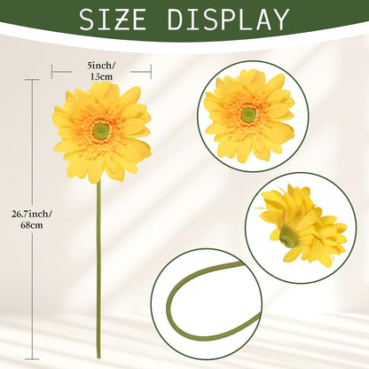 Yellow Gerbera Daisy Artificial Flowers – Real Touch Latex Silk Daisy Flowers 5PCS, 26.7" Long Stem Artificial Flowers for Summer Centerpieces, Home Decor Indoor, or Fake Wildflower Displays