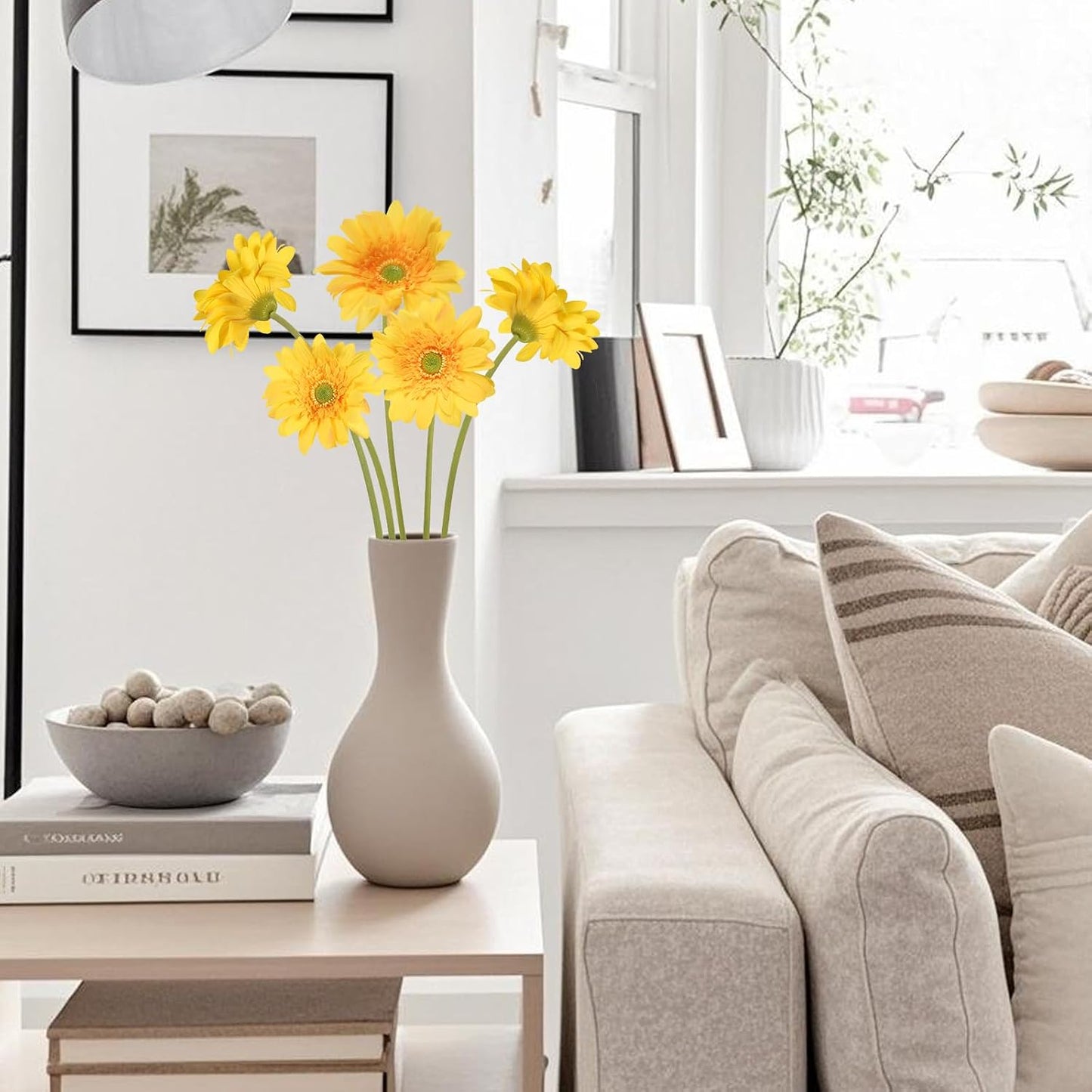 Yellow Gerbera Daisy Artificial Flowers – Real Touch Latex Silk Daisy Flowers 5PCS, 26.7" Long Stem Artificial Flowers for Summer Centerpieces, Home Decor Indoor, or Fake Wildflower Displays