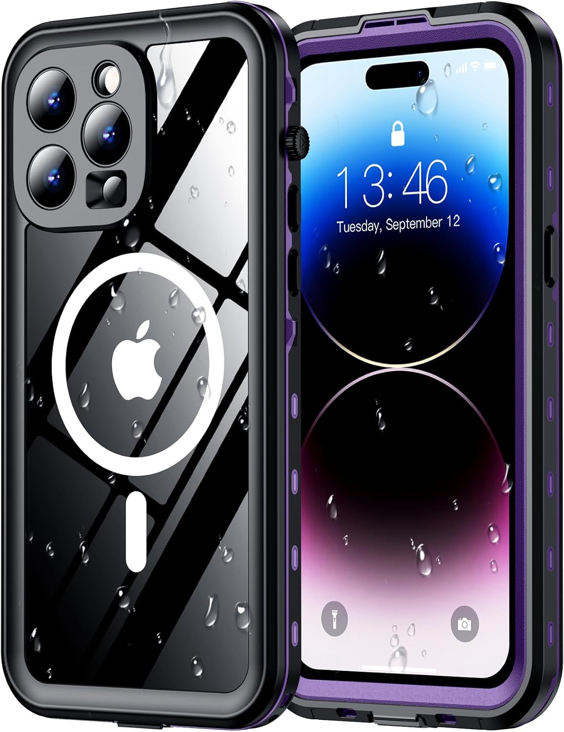 for iPhone 14 Pro Case Waterproof, [Built-in Screen Protector & Camera Protector][Compatible with MagSafe][Full Body Shockproof][IP68 Waterproof][Dustproof] Phone Case 6.1" Purple/Clear