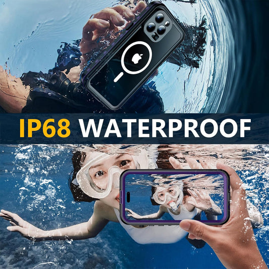 for iPhone 14 Pro Case Waterproof, [Built-in Screen Protector & Camera Protector][Compatible with MagSafe][Full Body Shockproof][IP68 Waterproof][Dustproof] Phone Case 6.1" Purple/Clear