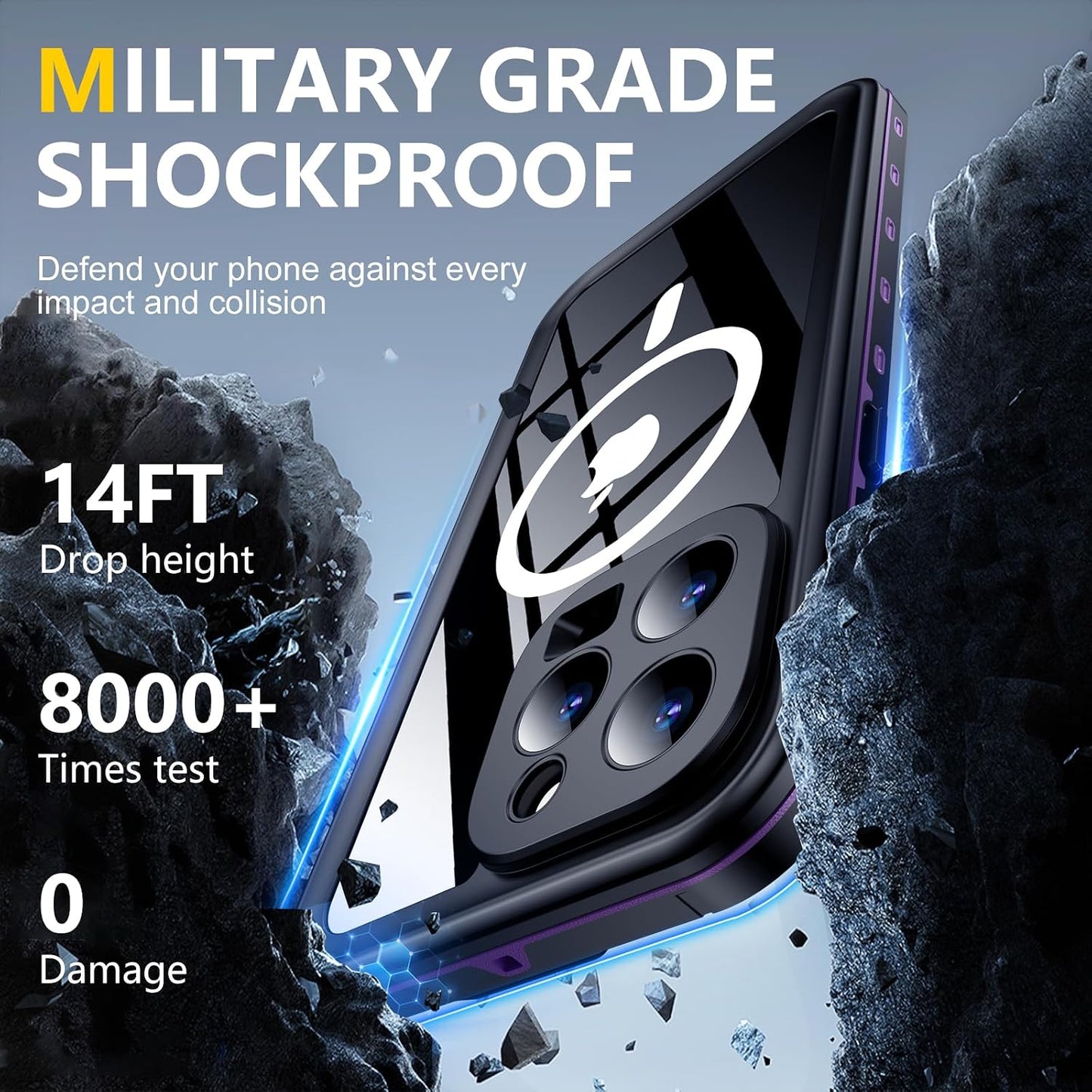 for iPhone 14 Pro Case Waterproof, [Built-in Screen Protector & Camera Protector][Compatible with MagSafe][Full Body Shockproof][IP68 Waterproof][Dustproof] Phone Case 6.1" Purple/Clear