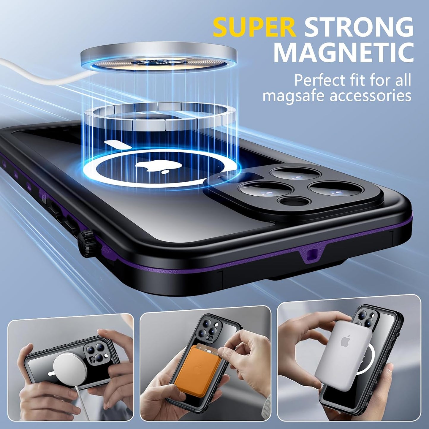for iPhone 14 Pro Case Waterproof, [Built-in Screen Protector & Camera Protector][Compatible with MagSafe][Full Body Shockproof][IP68 Waterproof][Dustproof] Phone Case 6.1" Purple/Clear