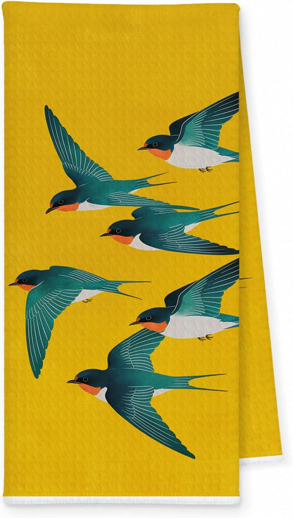 Yellow Swallow Bird Kitchen Dish Towels, Gifts for Bird Lovers Watchers, Modern Japanese Art Inspired Swallow Decorative Hand Towels for Kitchen Bathroom, 16x24 Inch