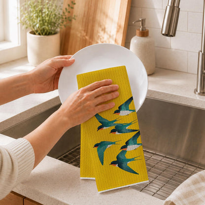 Yellow Swallow Bird Kitchen Dish Towels, Gifts for Bird Lovers Watchers, Modern Japanese Art Inspired Swallow Decorative Hand Towels for Kitchen Bathroom, 16x24 Inch