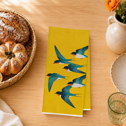 Yellow Swallow Bird Kitchen Dish Towels, Gifts for Bird Lovers Watchers, Modern Japanese Art Inspired Swallow Decorative Hand Towels for Kitchen Bathroom, 16x24 Inch