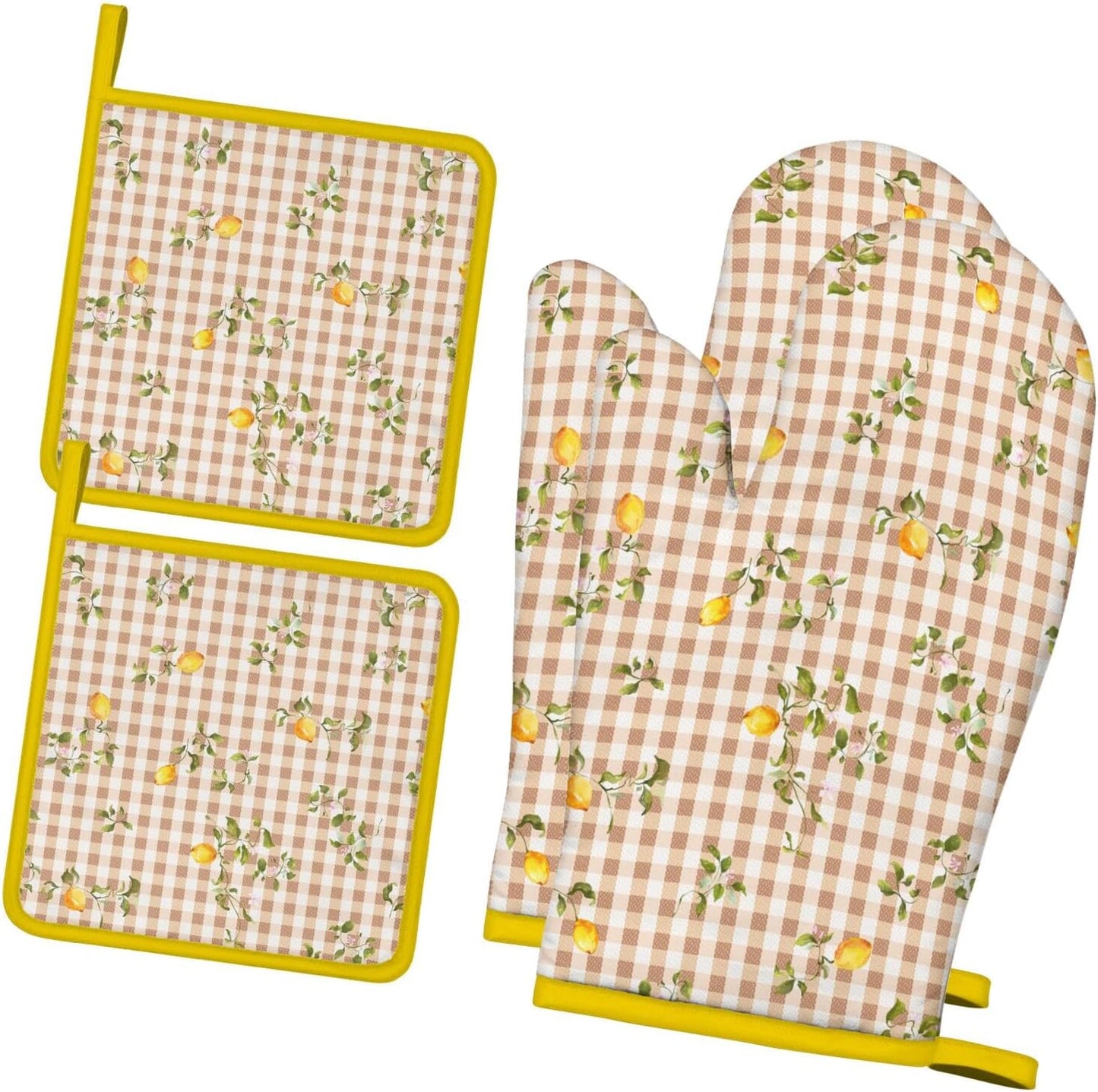 Lemon Oven Mitts and Pot Holders Sets of 4 Heat Resistant Lemon Gloves Gifts for Women 4pcs Oven Gloves Hot Pads for Kitchen Baking Cooking Grilling