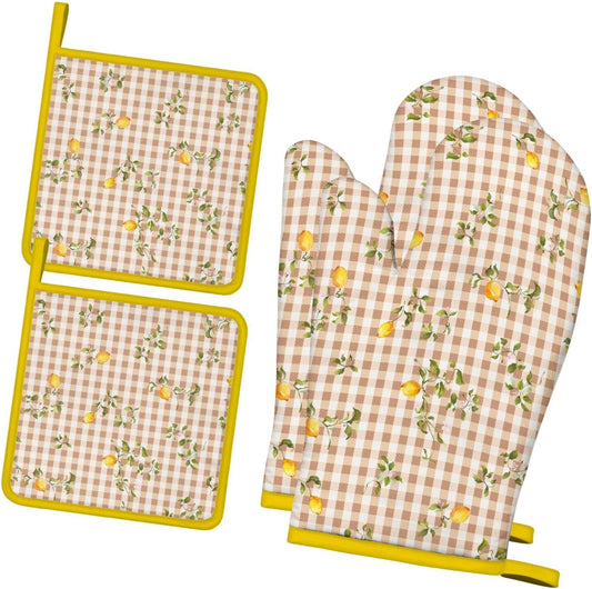 Lemon Oven Mitts and Pot Holders Sets of 4 Heat Resistant Lemon Gloves Gifts for Women 4pcs Oven Gloves Hot Pads for Kitchen Baking Cooking Grilling