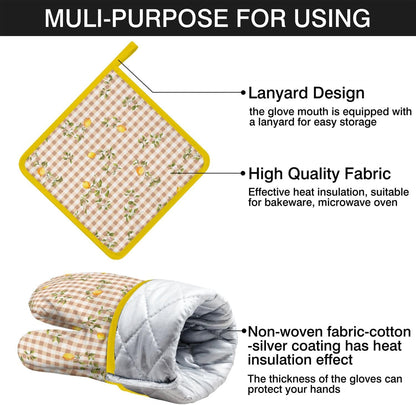 Lemon Oven Mitts and Pot Holders Sets of 4 Heat Resistant Lemon Gloves Gifts for Women 4pcs Oven Gloves Hot Pads for Kitchen Baking Cooking Grilling