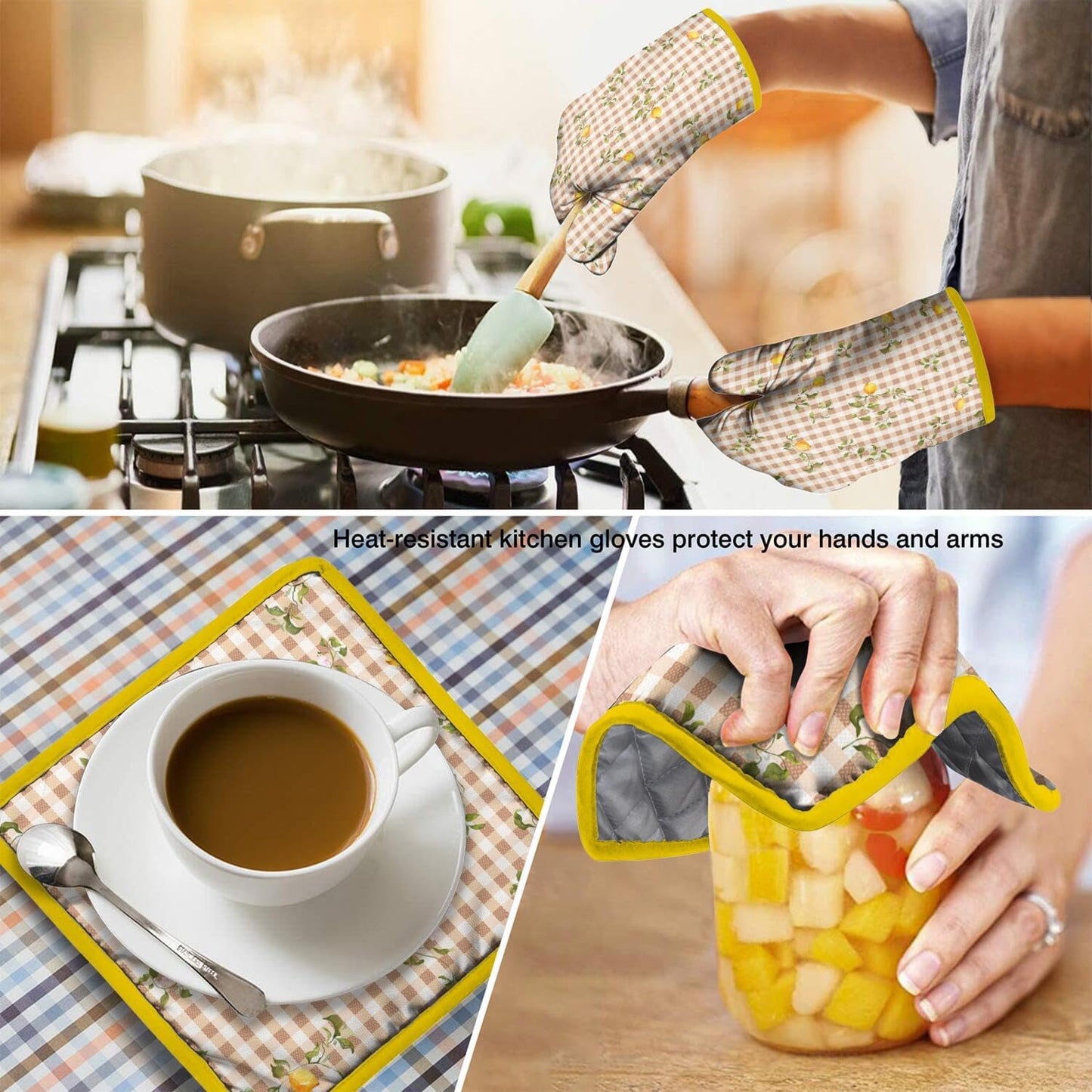 Lemon Oven Mitts and Pot Holders Sets of 4 Heat Resistant Lemon Gloves Gifts for Women 4pcs Oven Gloves Hot Pads for Kitchen Baking Cooking Grilling