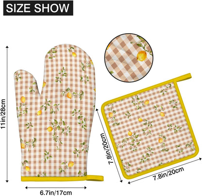 Lemon Oven Mitts and Pot Holders Sets of 4 Heat Resistant Lemon Gloves Gifts for Women 4pcs Oven Gloves Hot Pads for Kitchen Baking Cooking Grilling