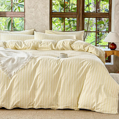 Yellow Striped Duvet Cover Set 100% Washed Cotton Linen Like Soft Feelling Breathable Bedding(Light Yellow/White Strip,King)