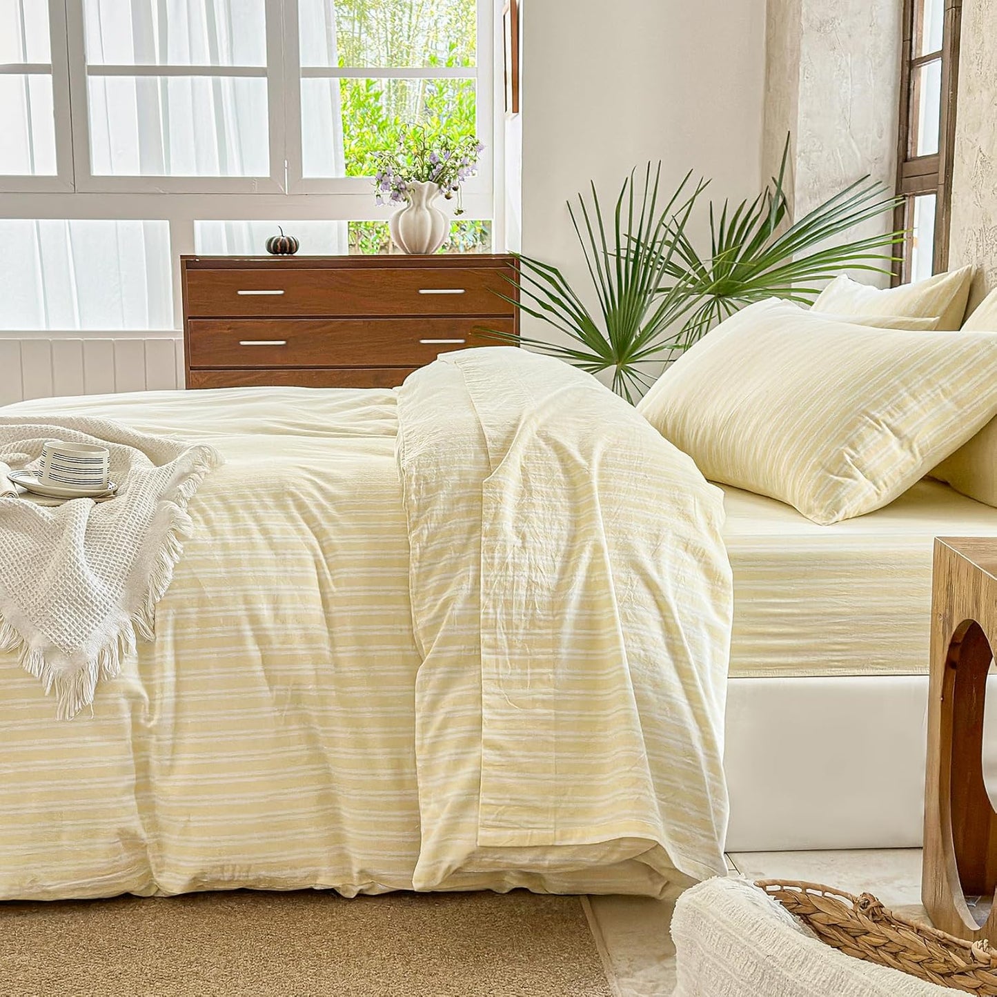 Yellow Striped Duvet Cover Set 100% Washed Cotton Linen Like Soft Feelling Breathable Bedding(Light Yellow/White Strip,King)