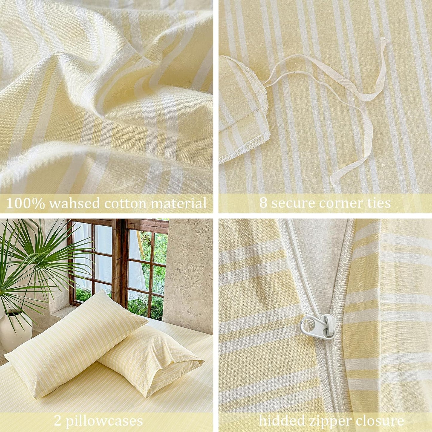 Yellow Striped Duvet Cover Set 100% Washed Cotton Linen Like Soft Feelling Breathable Bedding(Light Yellow/White Strip,King)