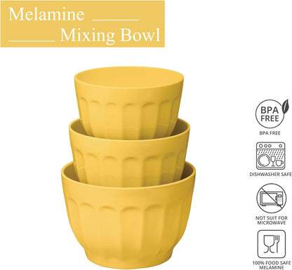 UP 3-Piece Latte Style Melamine Mixing Bowl Set with Non-Slip Base, Multi-Purpose Nesting Prep and Serve Bowls for Cooking and Baking, Yellow