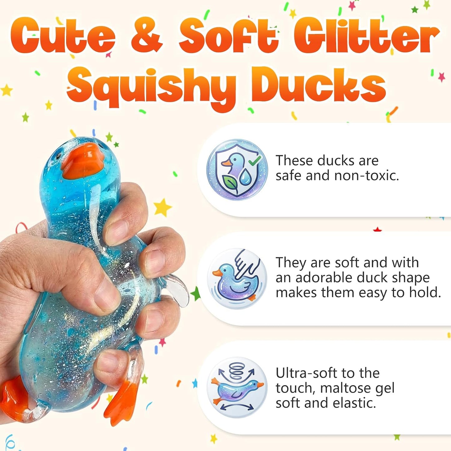 Cute Duck Squishy Sugar Stress Ball, Glitter Soft Squishy Duck Relief Stress Balls Ultra Soft Moldable Slow Rise Relaxing Fidget Stress for Anxiety Relief (Yellow)