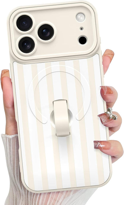 Compatible with iPhone 17 Pro Case Stripes -White | Support for MagSafe, Silicone Cute Pattern, Wristband Kickstand Camera Protection Soft Slim Cover for Girls Women