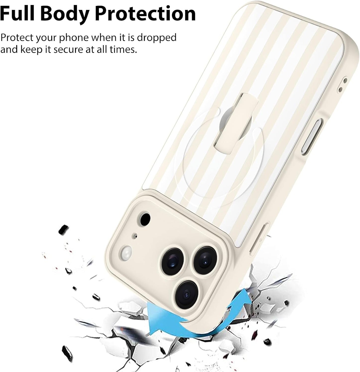 Compatible with iPhone 17 Pro Case Stripes -White | Support for MagSafe, Silicone Cute Pattern, Wristband Kickstand Camera Protection Soft Slim Cover for Girls Women
