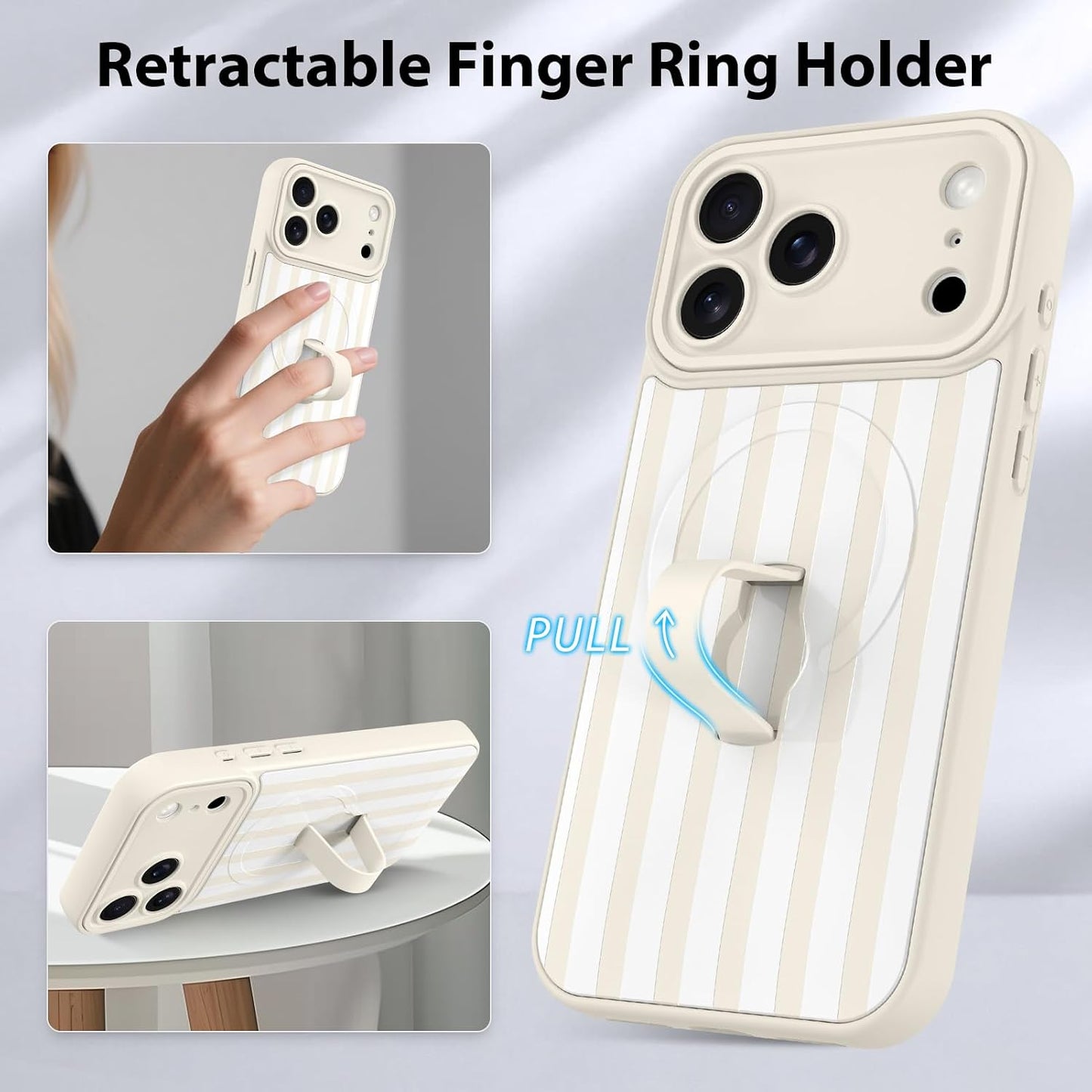 Compatible with iPhone 17 Pro Case Stripes -White | Support for MagSafe, Silicone Cute Pattern, Wristband Kickstand Camera Protection Soft Slim Cover for Girls Women