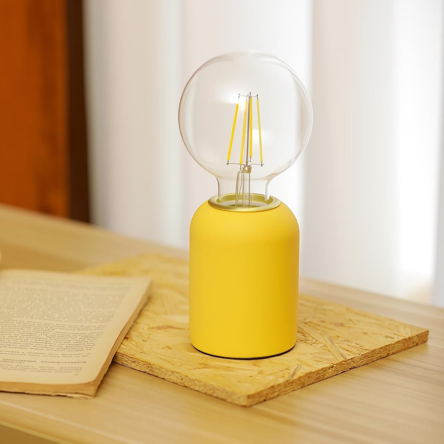 Mini Modern Yellow Concrete Bedside Table Lamp, 3.5 x 3.5 x 8.5 Inch Nightstand Lamps, with Spherical Bulb Round Side Table Lamp for Bedroom Living Room Entryway Table Lamps